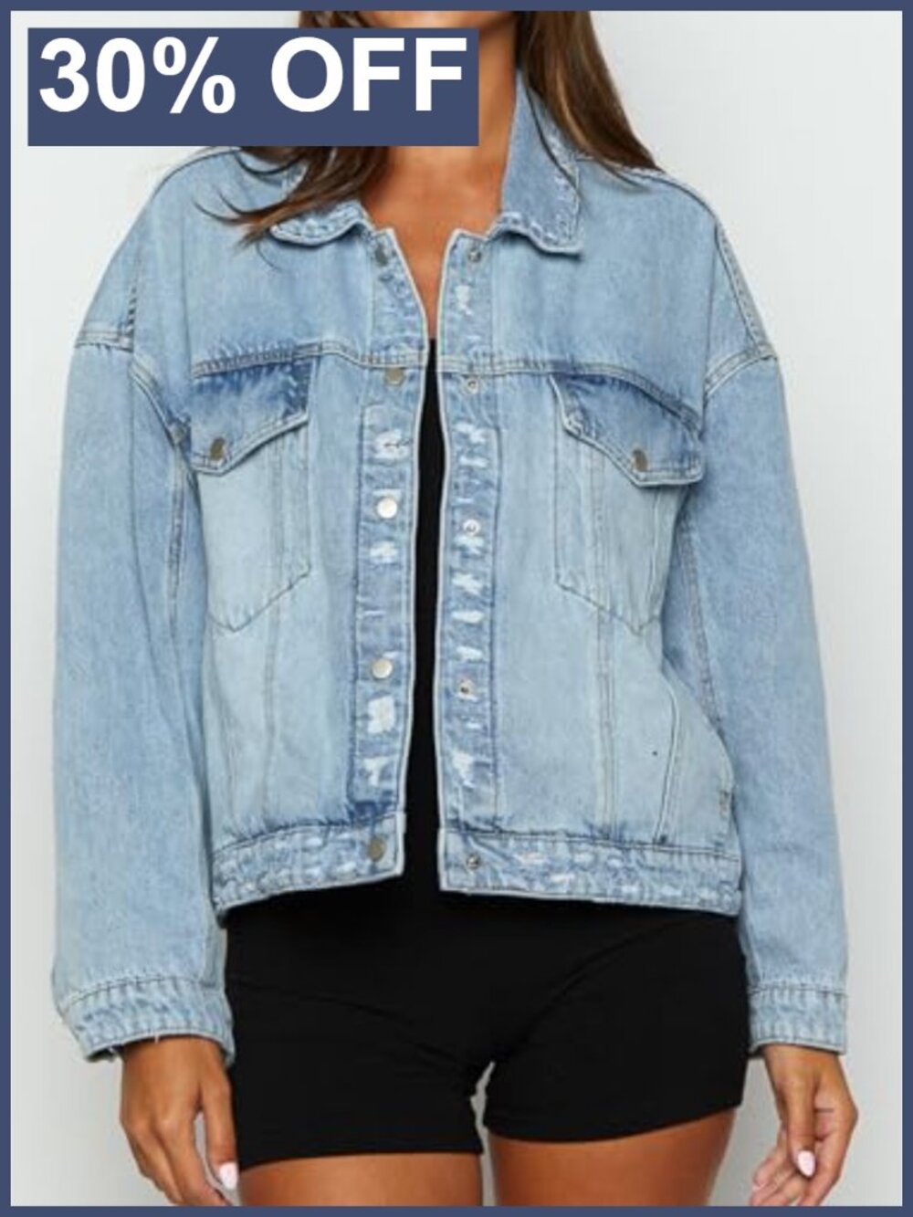 Oversized Distressed Denim Jacket Collared Button Down - Picture 2 of 5
